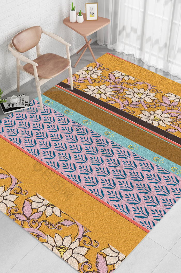 时尚北欧现代花纹小草条纹拼接图案地毯图案