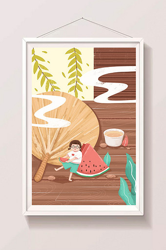复古棕色清新夏日节气小暑蒲扇喝茶插画海报图片