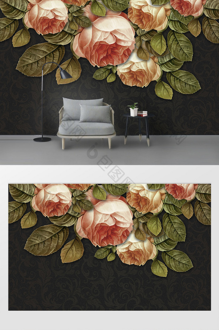 现代3d艺术质感玫瑰浮雕花纹背景墙