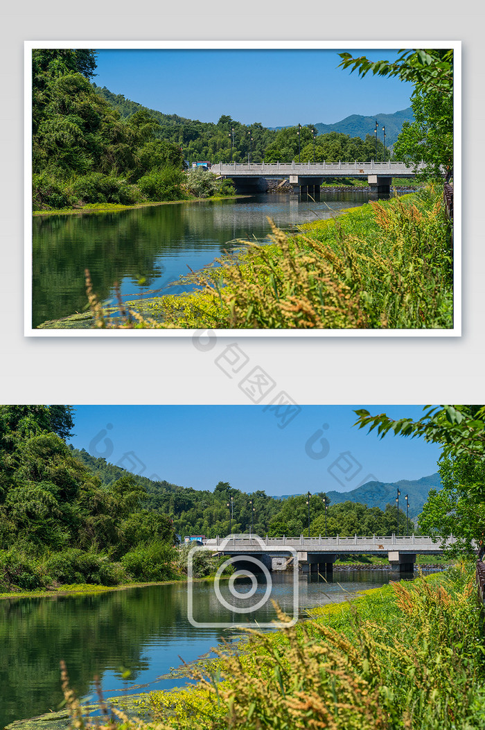绿水青山清澈河流桥梁摄影图