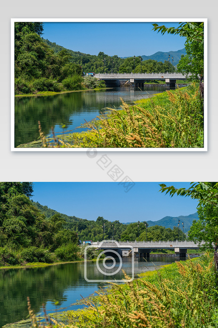 绿水青山清澈河流桥梁摄影图图片