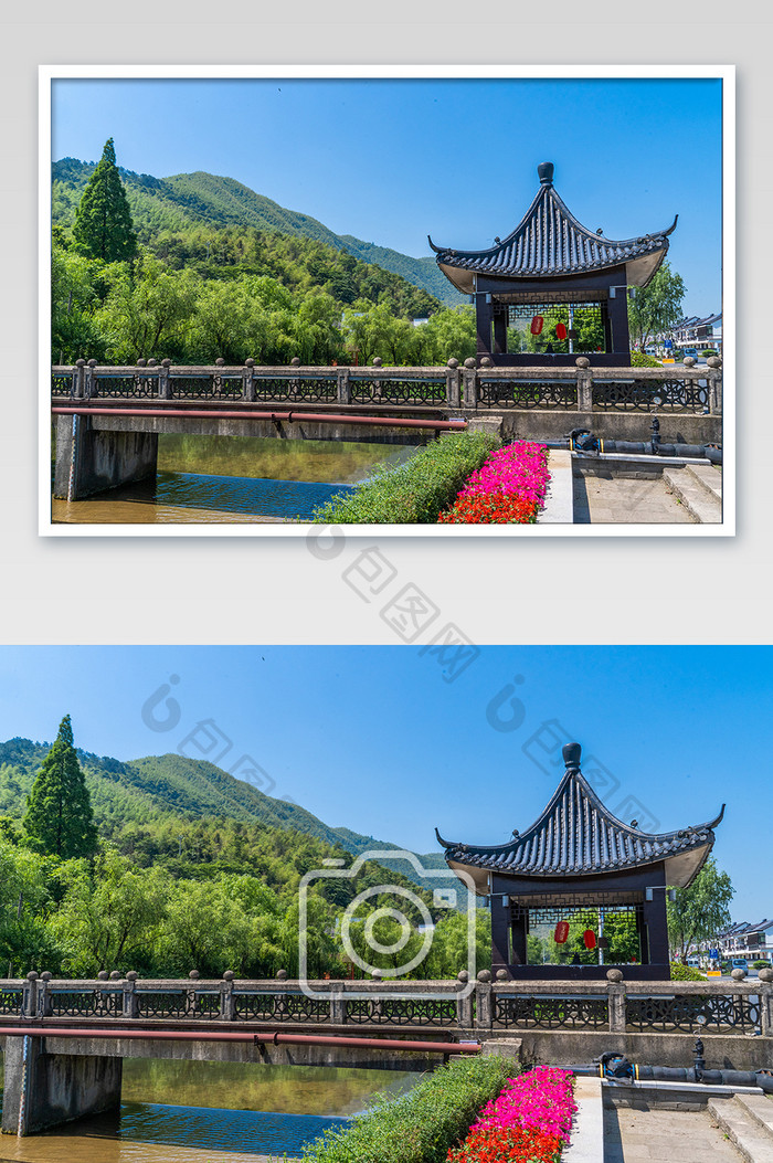 新农村中式建筑凉亭桥梁桌面摄影图