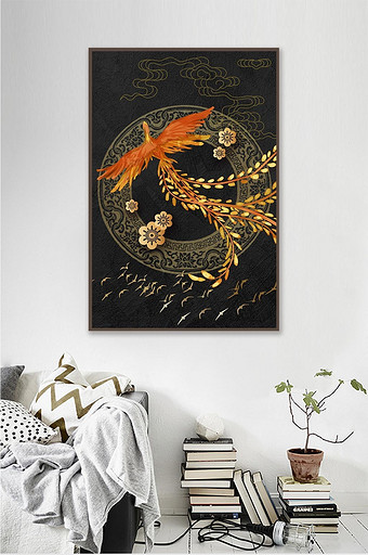 创意国潮新中式中国风凤凰创意金箔装饰画图片