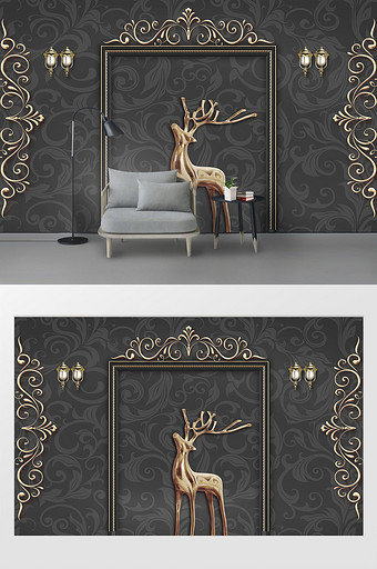 欧式复古花纹金属麋鹿浮雕装饰背景墙图片