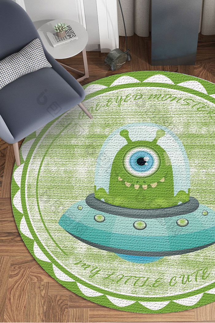 可爱卡通小怪物飞碟儿童房圆形地毯图案图片图片