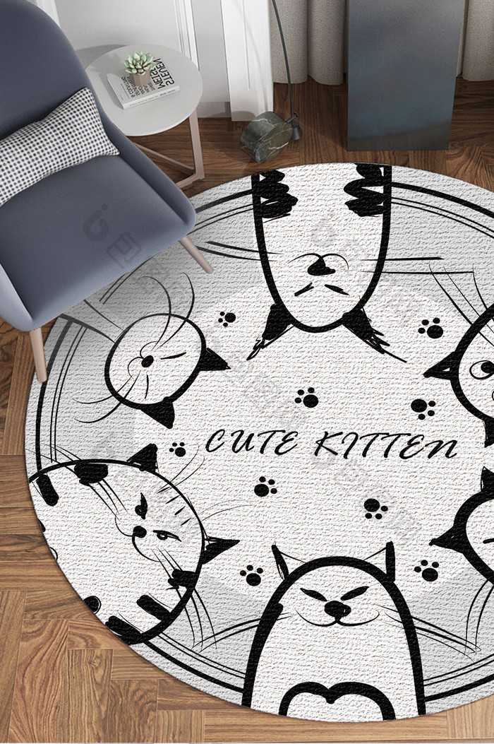 卡通黑白灰线条猫咪儿童房客厅圆形地毯图案