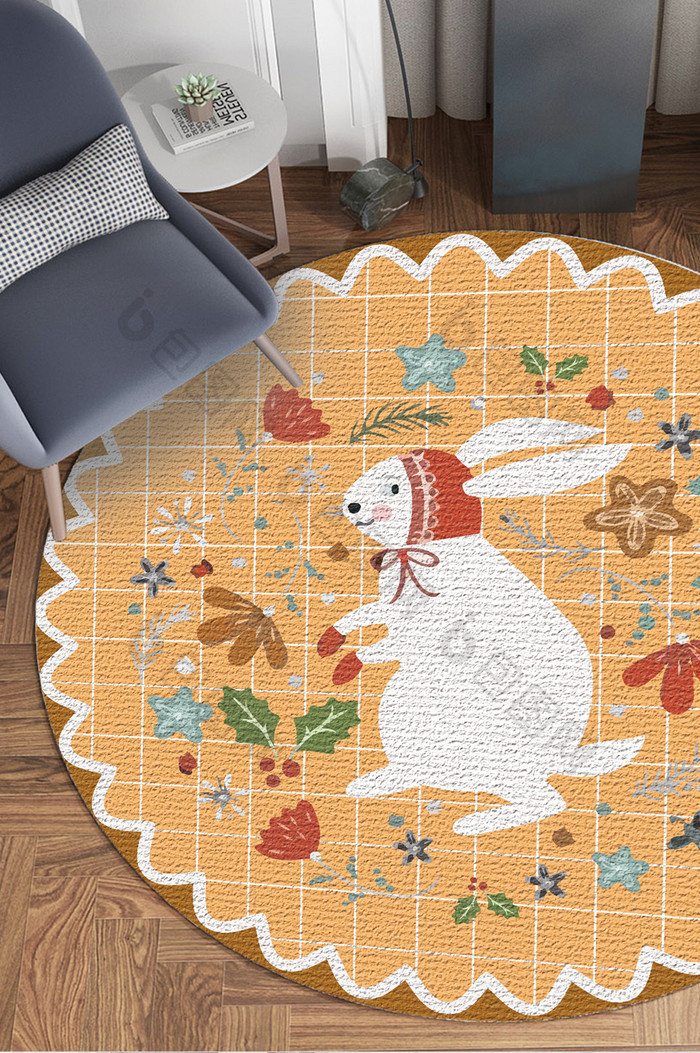 卡通橘色植物兔子儿童房圆形地毯图案