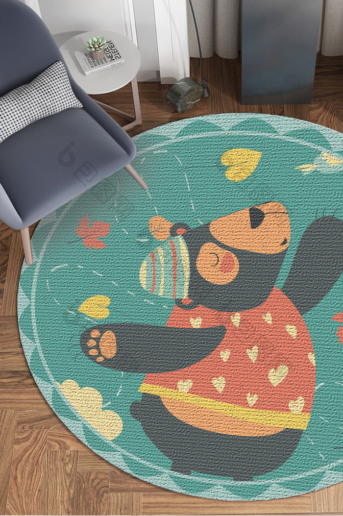 卡通可爱跳舞的小熊儿童房圆形地毯图案