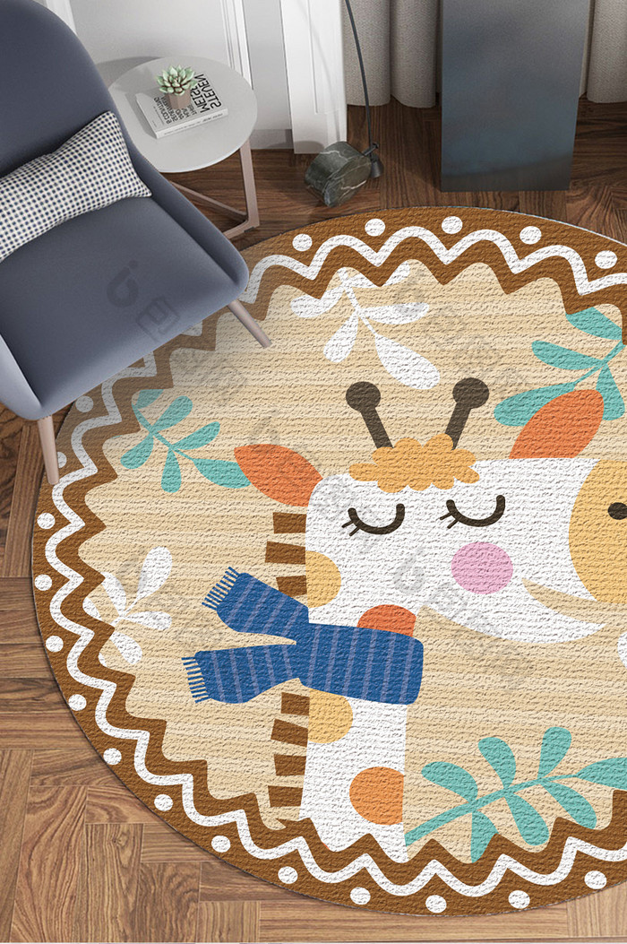 可爱卡通戴围巾的长颈鹿儿童房圆形地毯图案图片图片