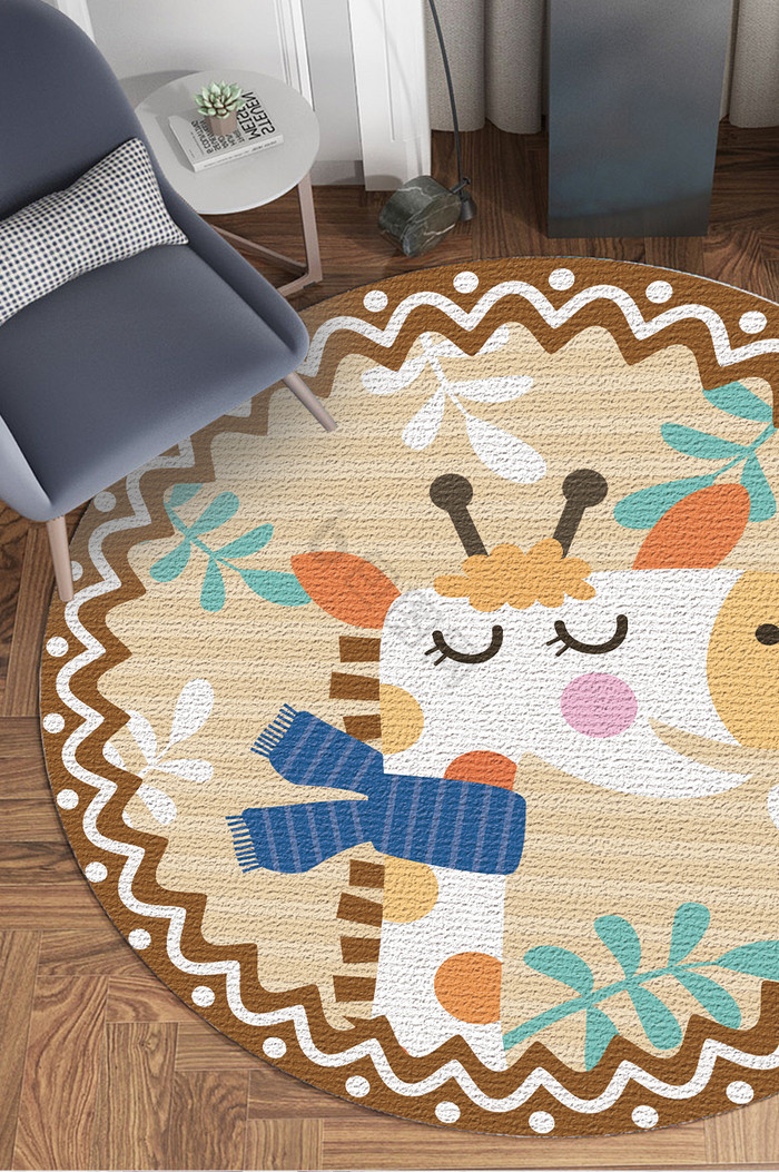 可爱卡通戴围巾的长颈鹿儿童房圆形地毯图案图片