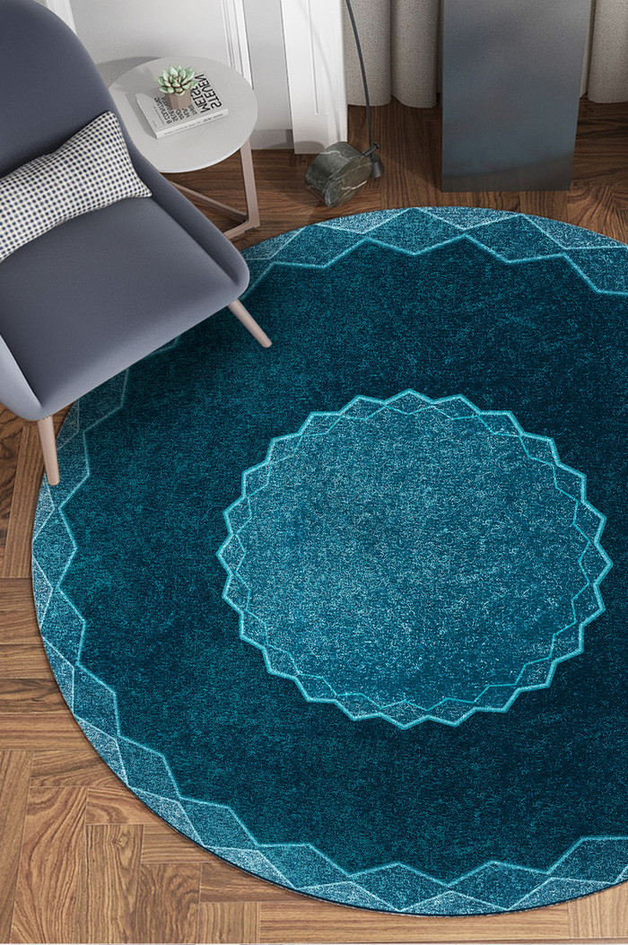 北欧风蓝色圆圈几何线条叠层地毯图案图片