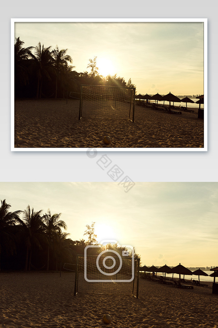 三亚海棠湾海边风景朝霞沙滩足球图片
