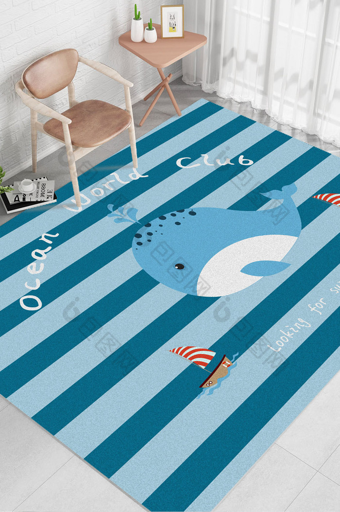 儿童卡通蓝色海洋海豚帆船儿童房地毯图案图片图片