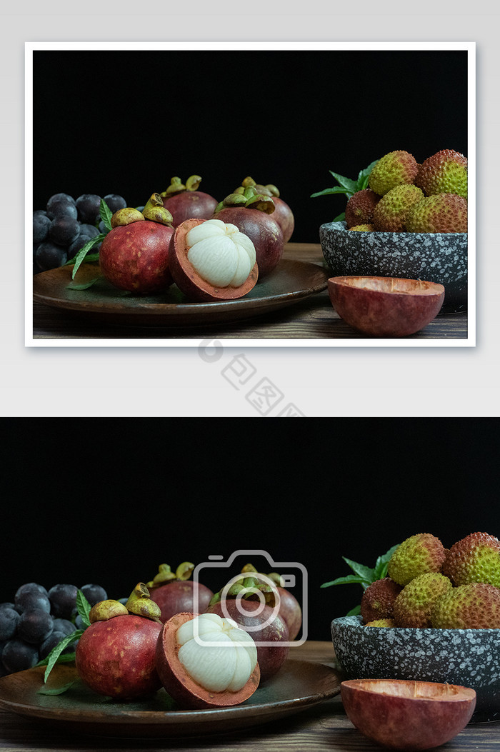 碗中的荔枝葡萄以及碟子中的山竹水果图片图片