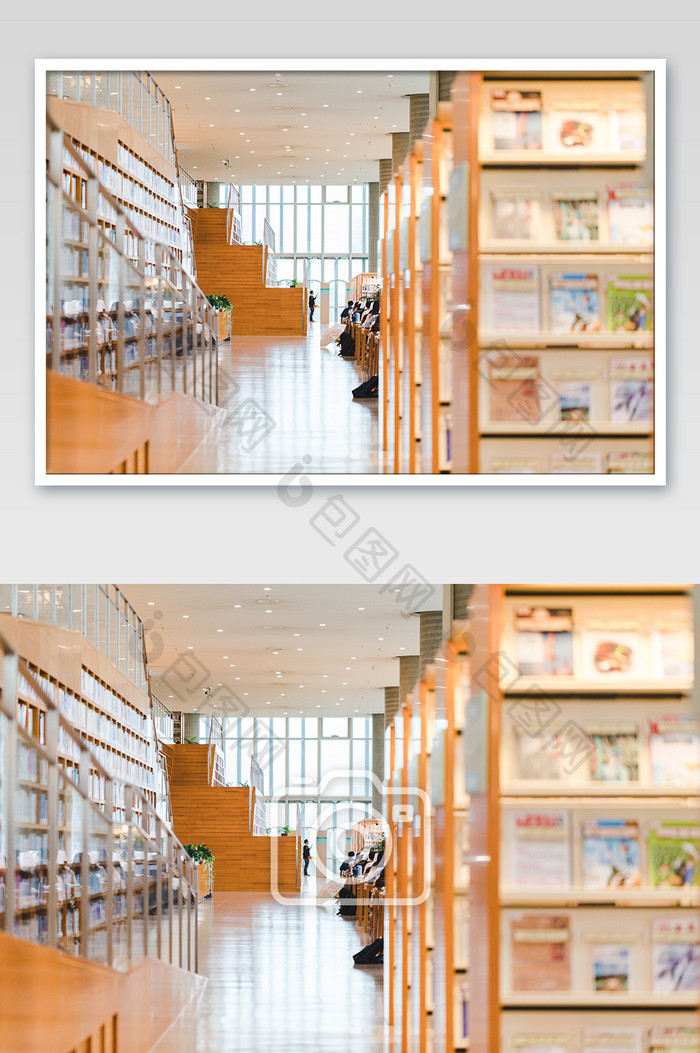 黄色图书馆书架内部摄影图片