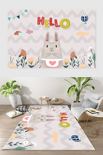 现代卡通兔子花草可爱字母质感地毯图案装饰图片
