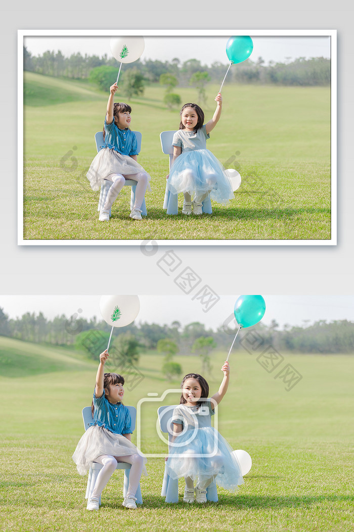六一儿童节户外童年草地举起气球快乐摄影图