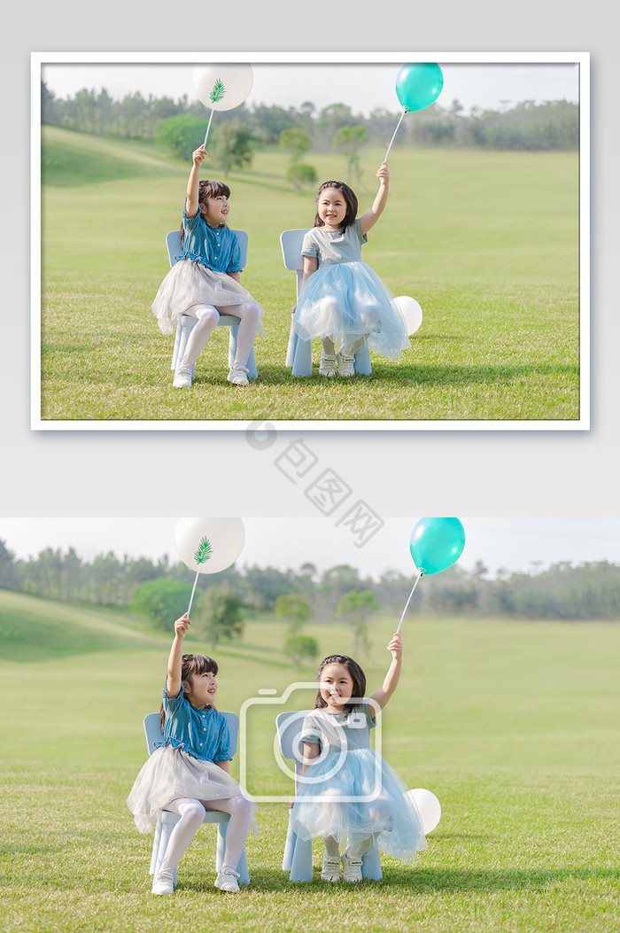 六一儿童节户外童年草地举起气球快乐摄影图图片
