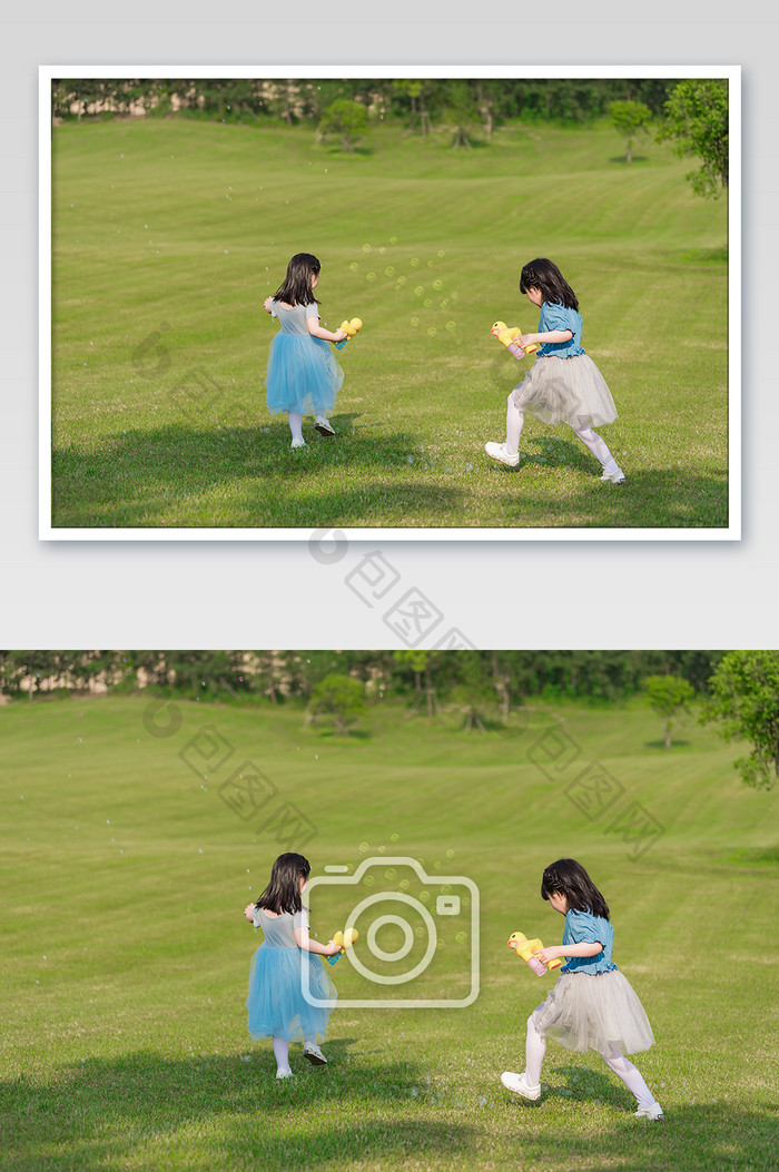 六一儿童节户外童年草地追逐彩色泡泡摄影图