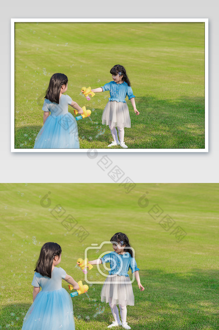 六一儿童节户外树荫草地彩色泡泡摄影图片