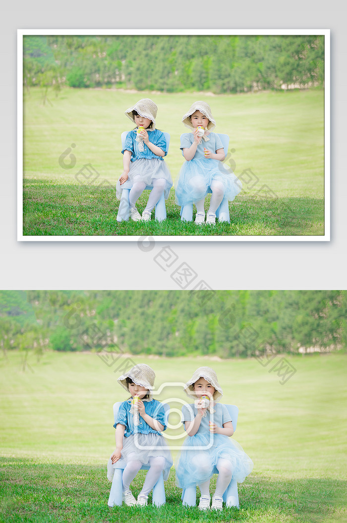 六一儿童节户外草地上喝饮料活泼欢乐摄影图