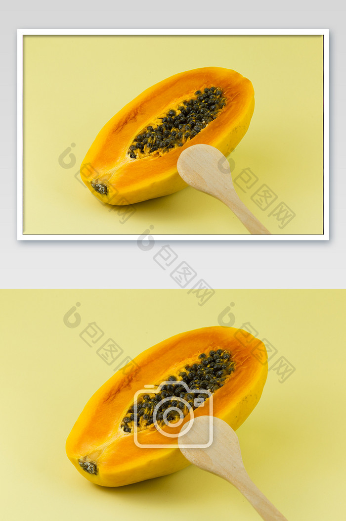 黄底切开的木瓜的摄影图片