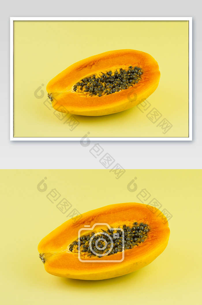 黄底切开的木瓜摄影图片