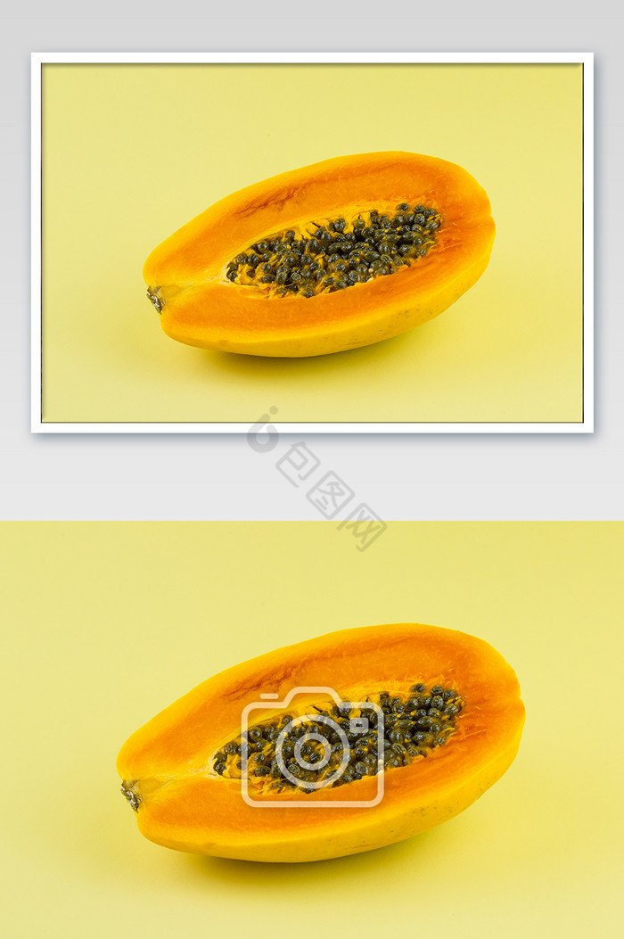 黄底切开的木瓜摄影图片