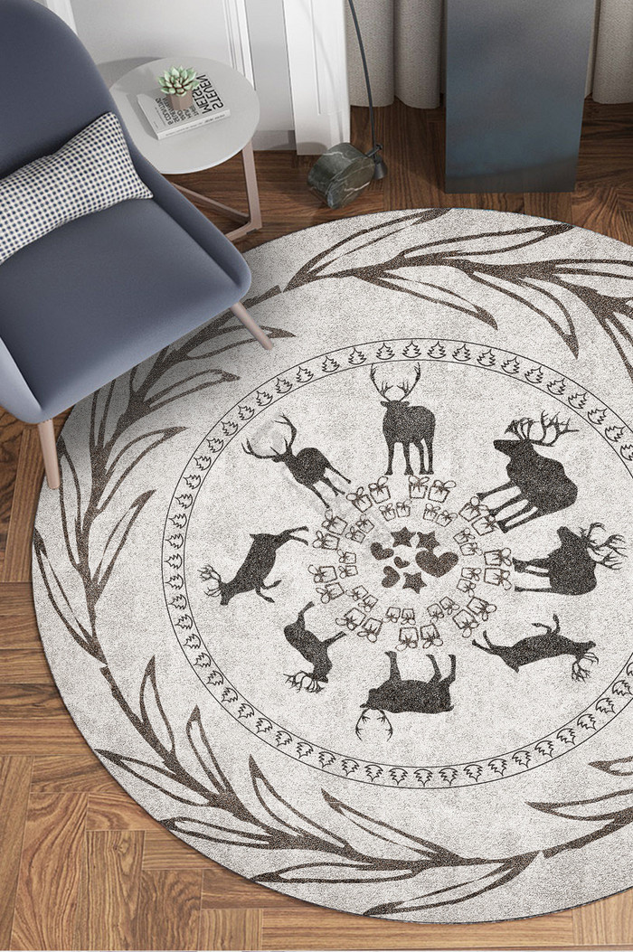 清新灰色卡通麋鹿图案印花圆形艺术地毯图案图片
