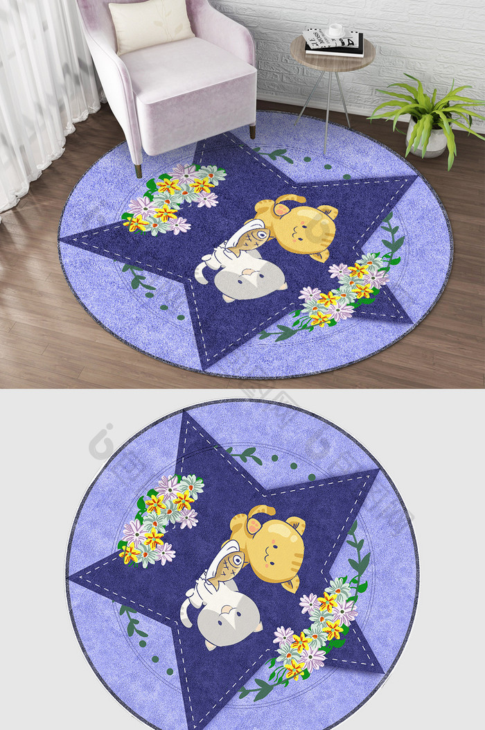 紫色卡通星星萌宠猫咪印花圆形地毯图案