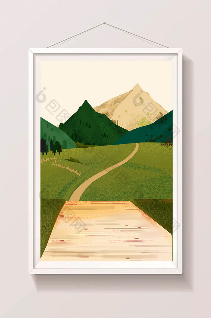 手绘通向远山的路插画背景