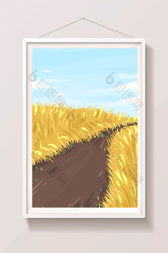 手绘麦浪中的小路插画背景
