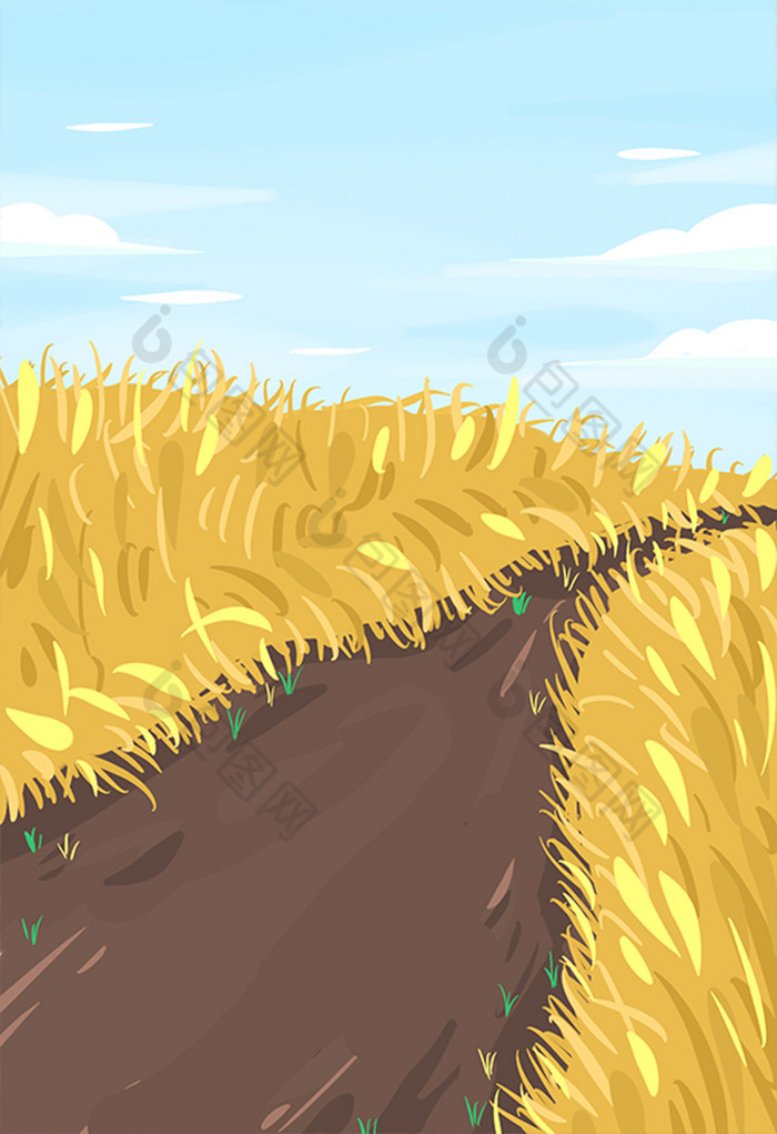 麦浪中的小路插画图片