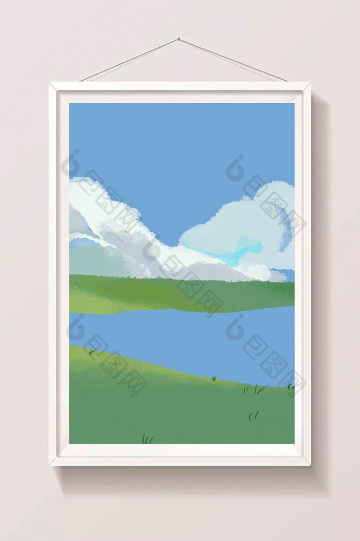 蓝天下的草地湖水插画图片图片