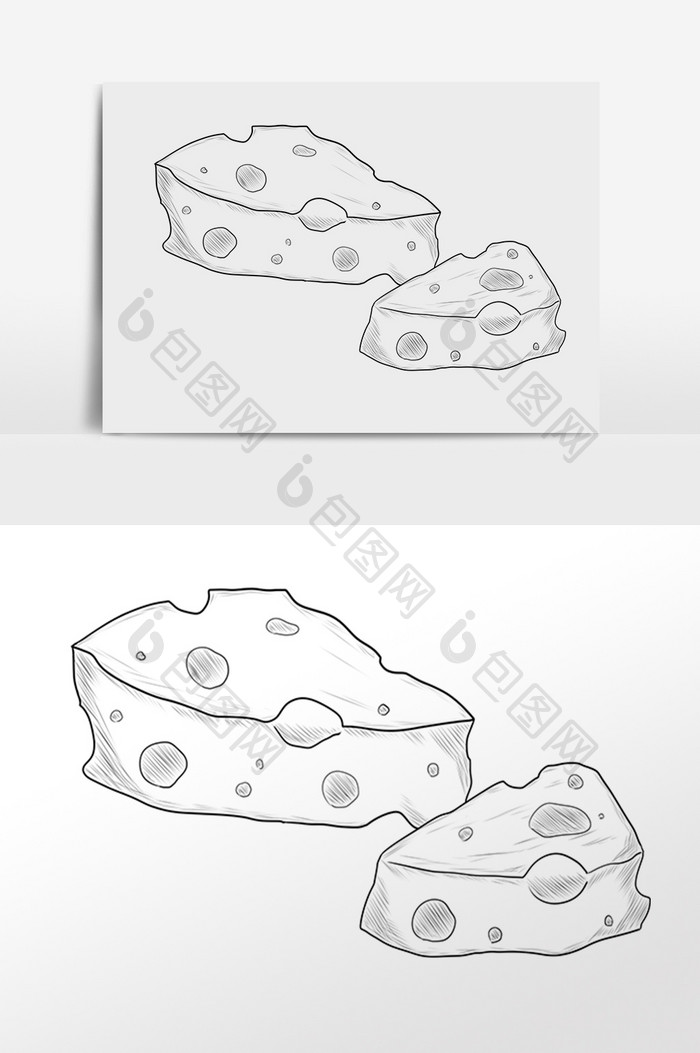 手绘线描素描食物奶酪面包插画