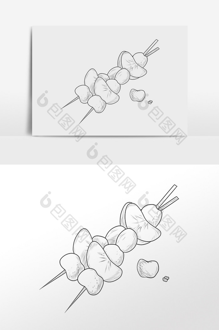 手绘线描素描食物烤串插画