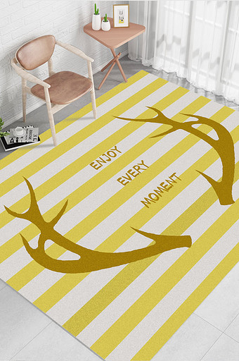 北欧现代手绘鹿角黄白背景条纹客厅地毯图案图片