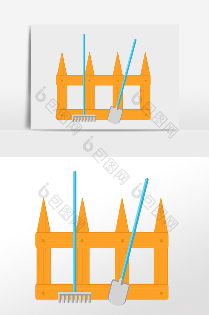 手绘园艺工具栅栏铲子耙子插画