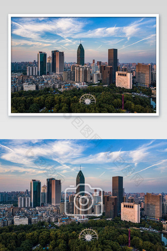 蓝色天空城市高楼与公园摄影图片