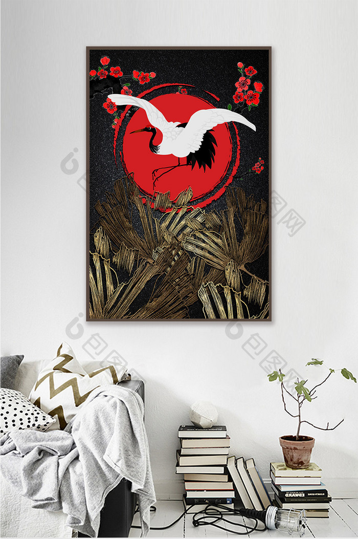 新中式国潮仙鹤红色手绘太阳梅花装饰画