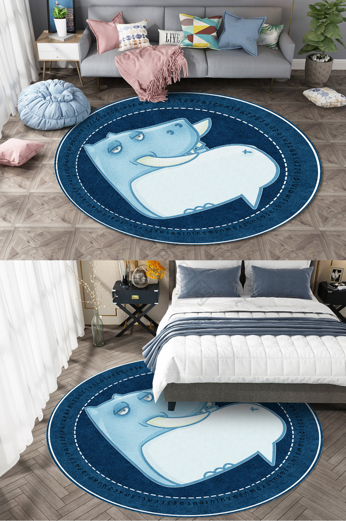 蓝色瞌睡河马卡通图案印花艺术圆形地毯图案图片