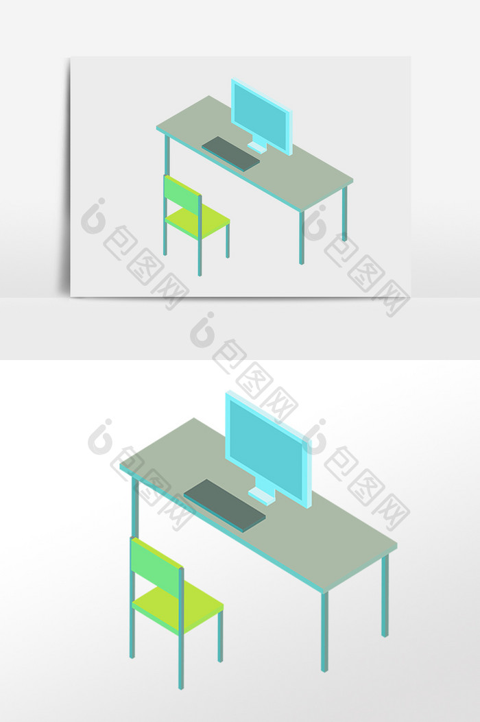 手绘2.5D办公桌子电脑插画