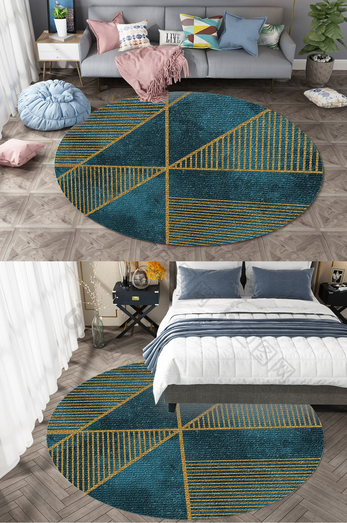 北欧风高端深色系金色线条客厅圆形地毯图案图片图片