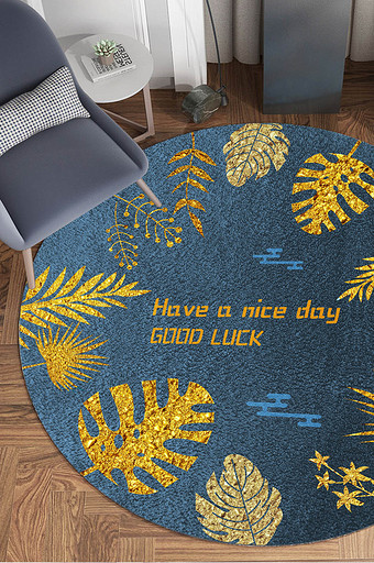 现代时尚热带植物叶子金箔圆形地毯图案图片
