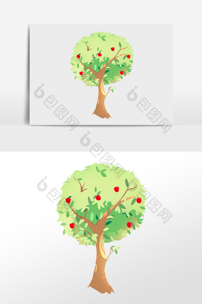 手绘绿色植物果树苹果树插画