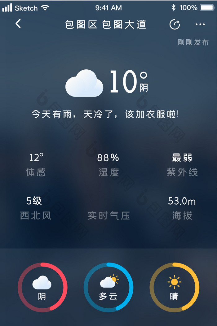 时尚全景式天气预报UI移动界面