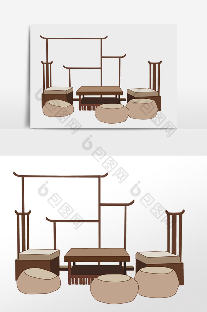 手绘生活古风家具木质桌凳插画