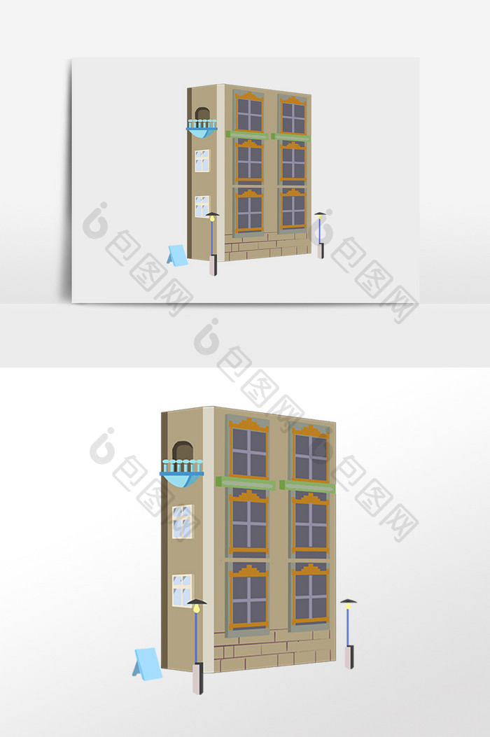 手绘旅游城市居民楼建筑插画