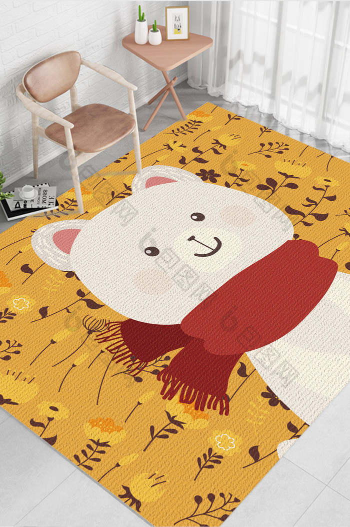 卡通可爱暖色系小熊植物儿童房卧室地毯图案