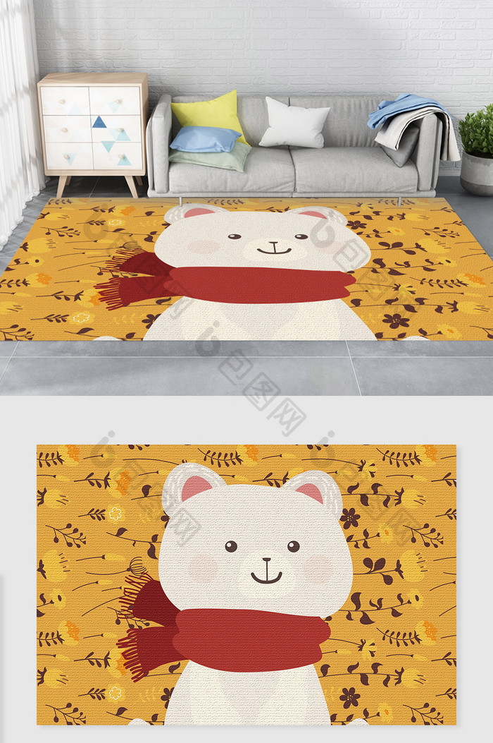 卡通可爱暖色系小熊植物儿童房卧室地毯图案